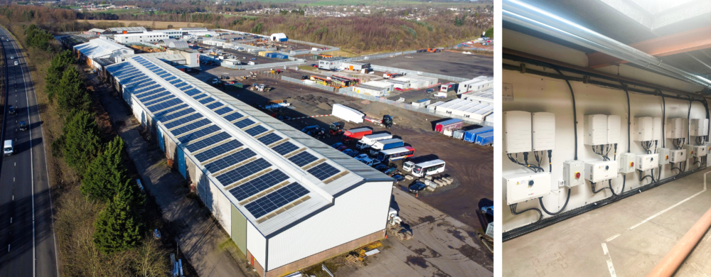 An aerial shot of a large commercial building with lots of solar panels on the roof as we're shining a light on 2023